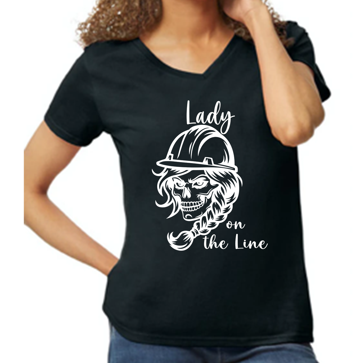 Lady on the Line - Skull Lineman Hardhat - Ladies V-Neck