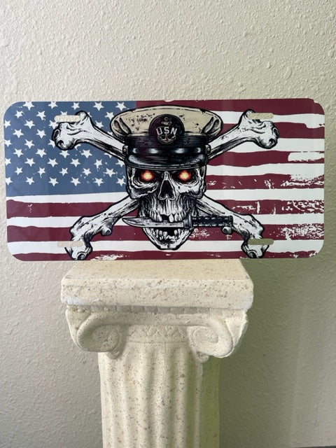 Vanity Plate - USN Navy Chief Skull Knife Flag Aluminum License Plate